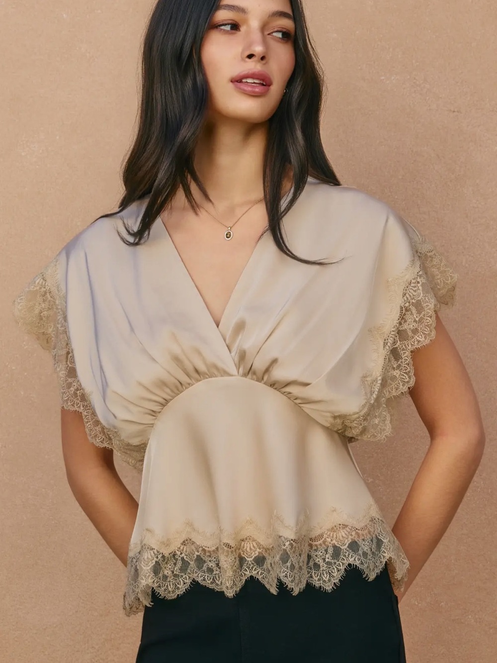 Silky Lace-Trim V-Neck Chemise Top in Champagne
